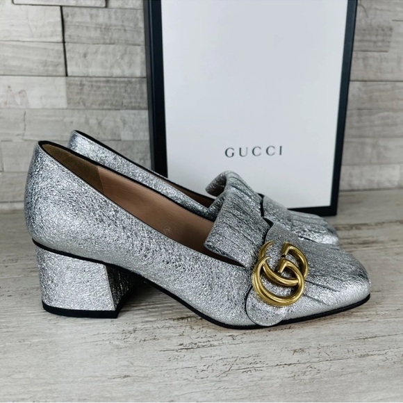 Gucci NEW Size 34 Metallic Silver Marmont GG Fringe Mid Heel Loafer Shoe Pump - Picture 9 of 14